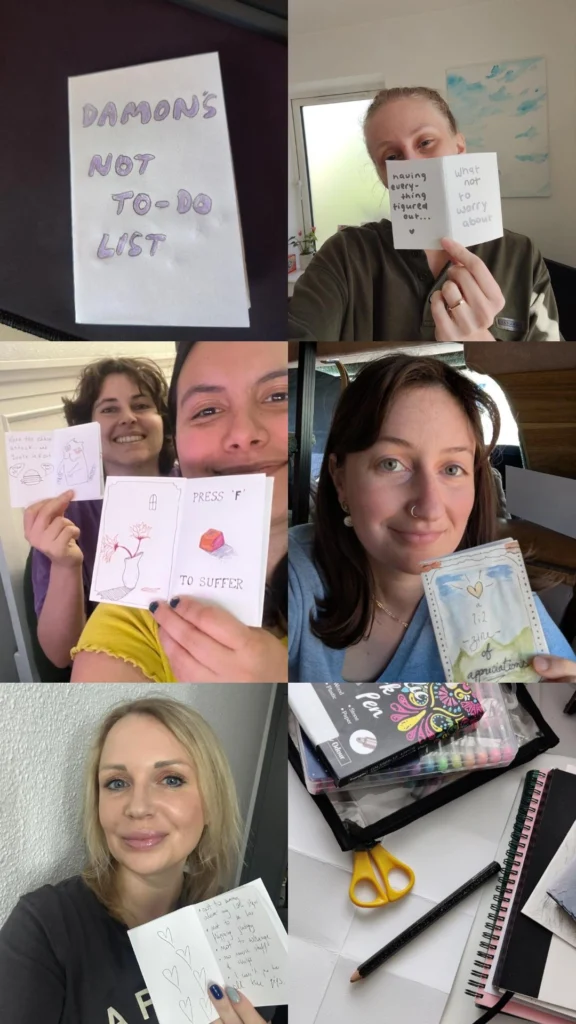 Collage of zines and people holding their created zines up.